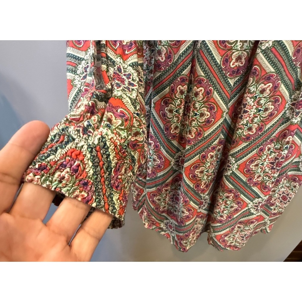 En Creme 1X Boho Paisley Print Shift Dress Pink Green Long Sleeve Plus Size - Picture 3 of 10